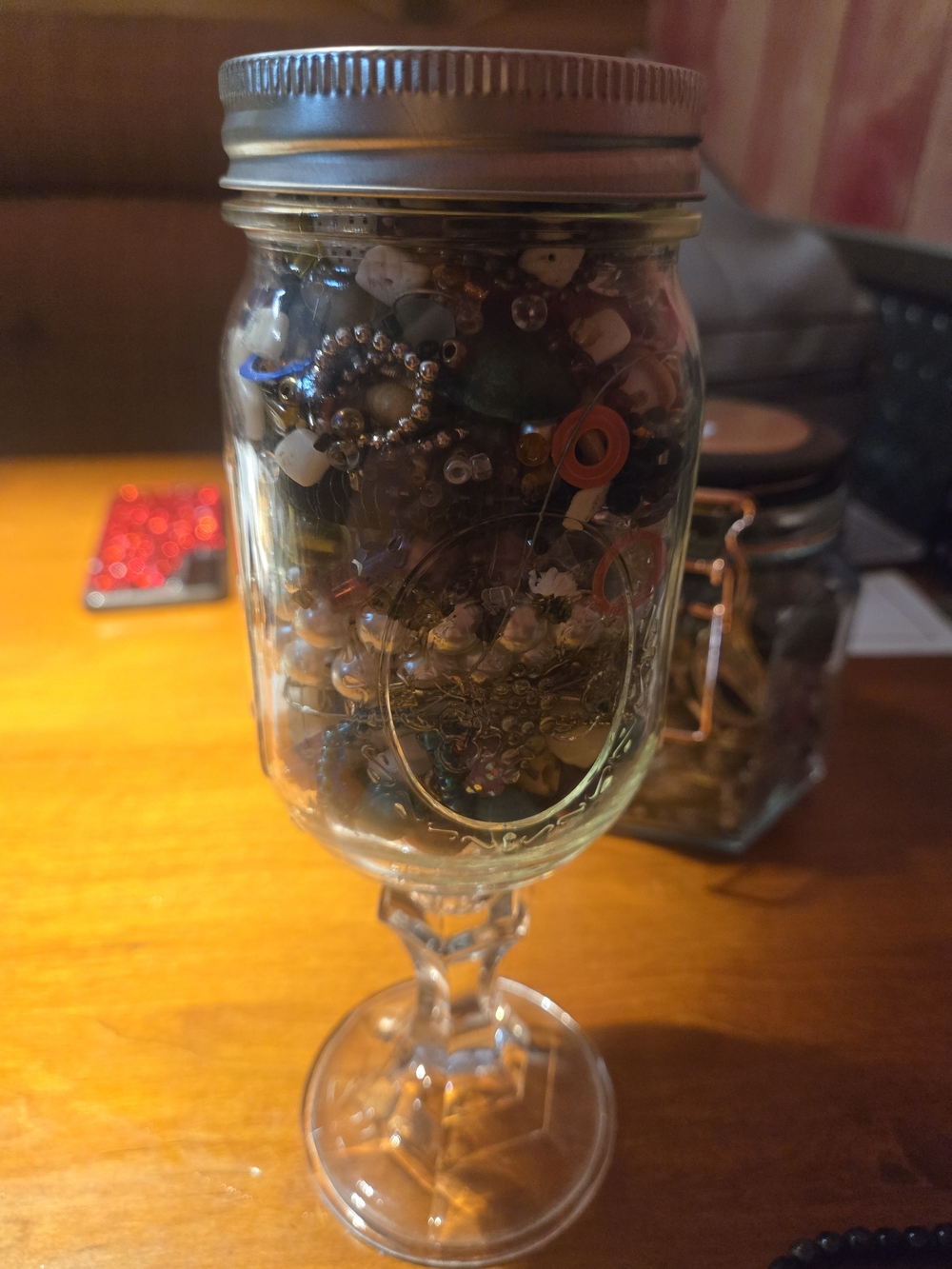 Glass Mason Jar Goblet with Mixed Bead Fill, Shells, Jewelry for Crafting